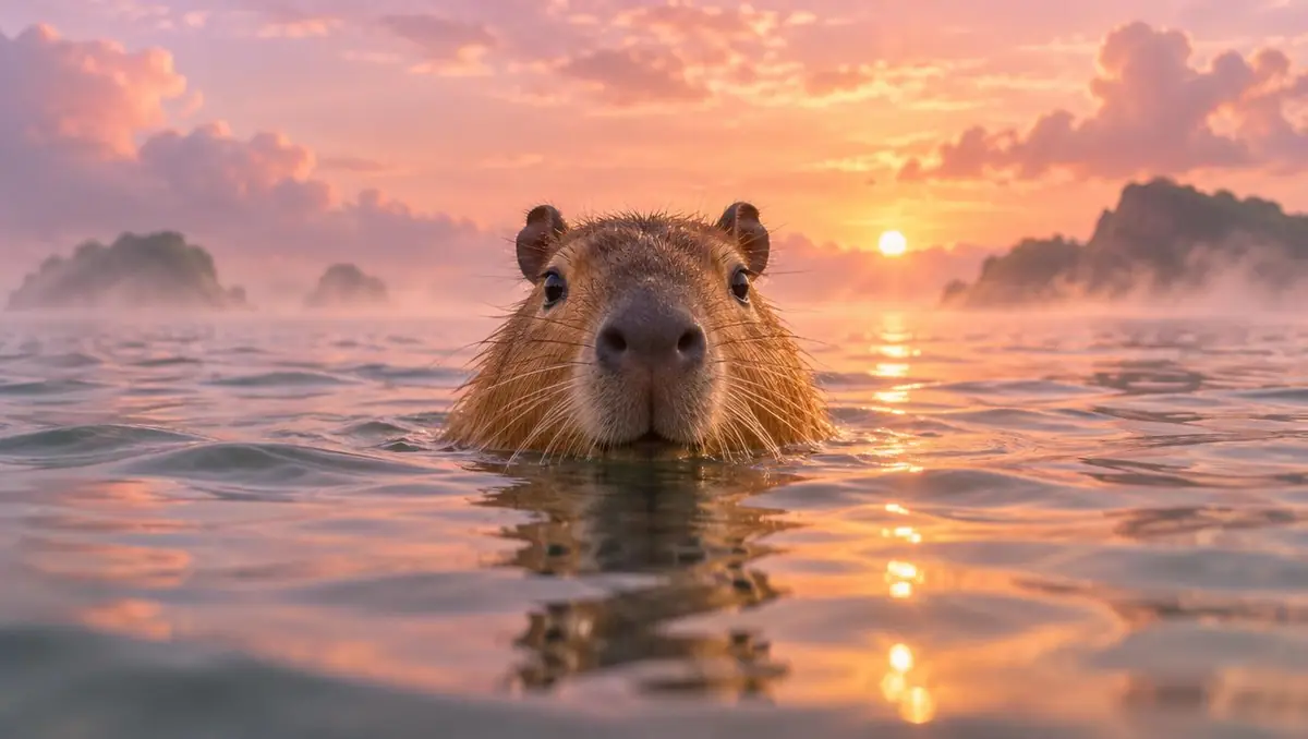 Ảnh gốc: chú capybara bơi giữa biển lúc hoàng hôn, nhìn thẳng vào máy