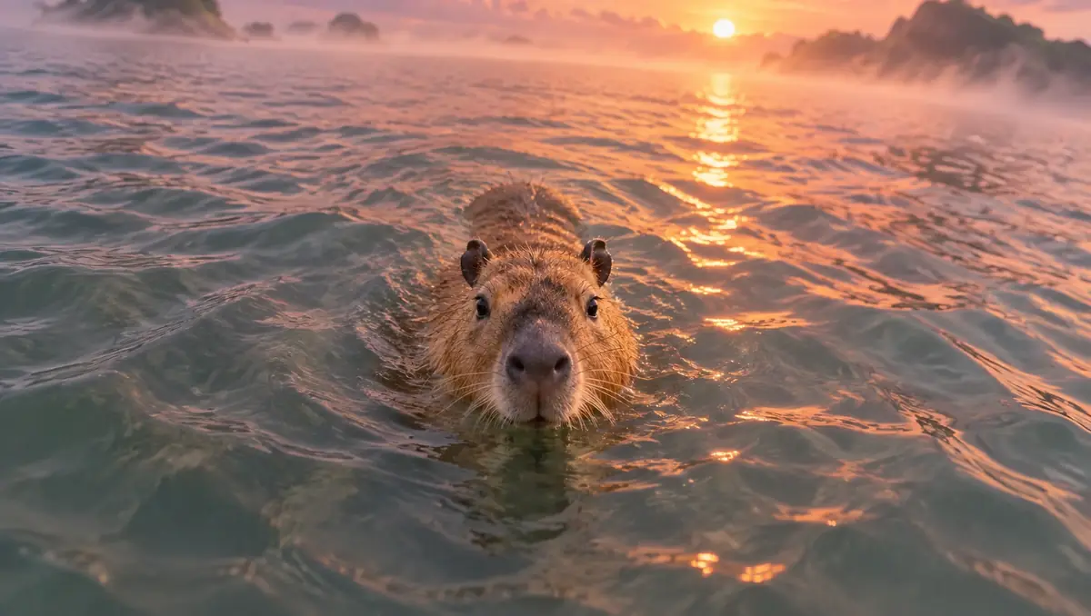 AI chụp chú capybara từ trên cao nhìn xuống mặt biển