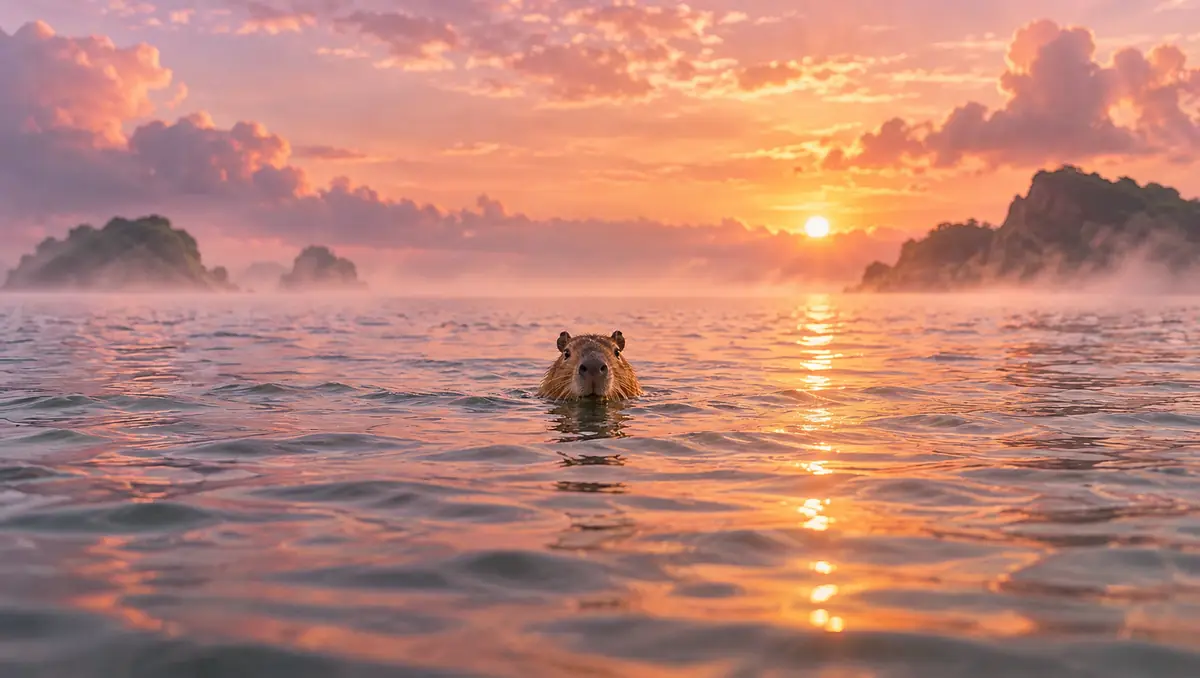 AI lùi máy ra xa, thấy cả vùng biển và hoàng hôn quanh chú capybara